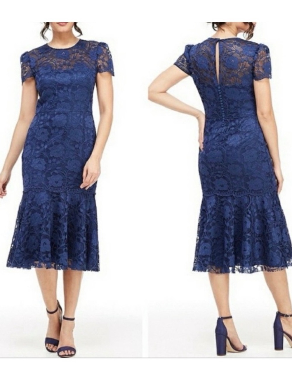 Gal Meets Glam Navy Lace Midi Dress with Flutter Hem